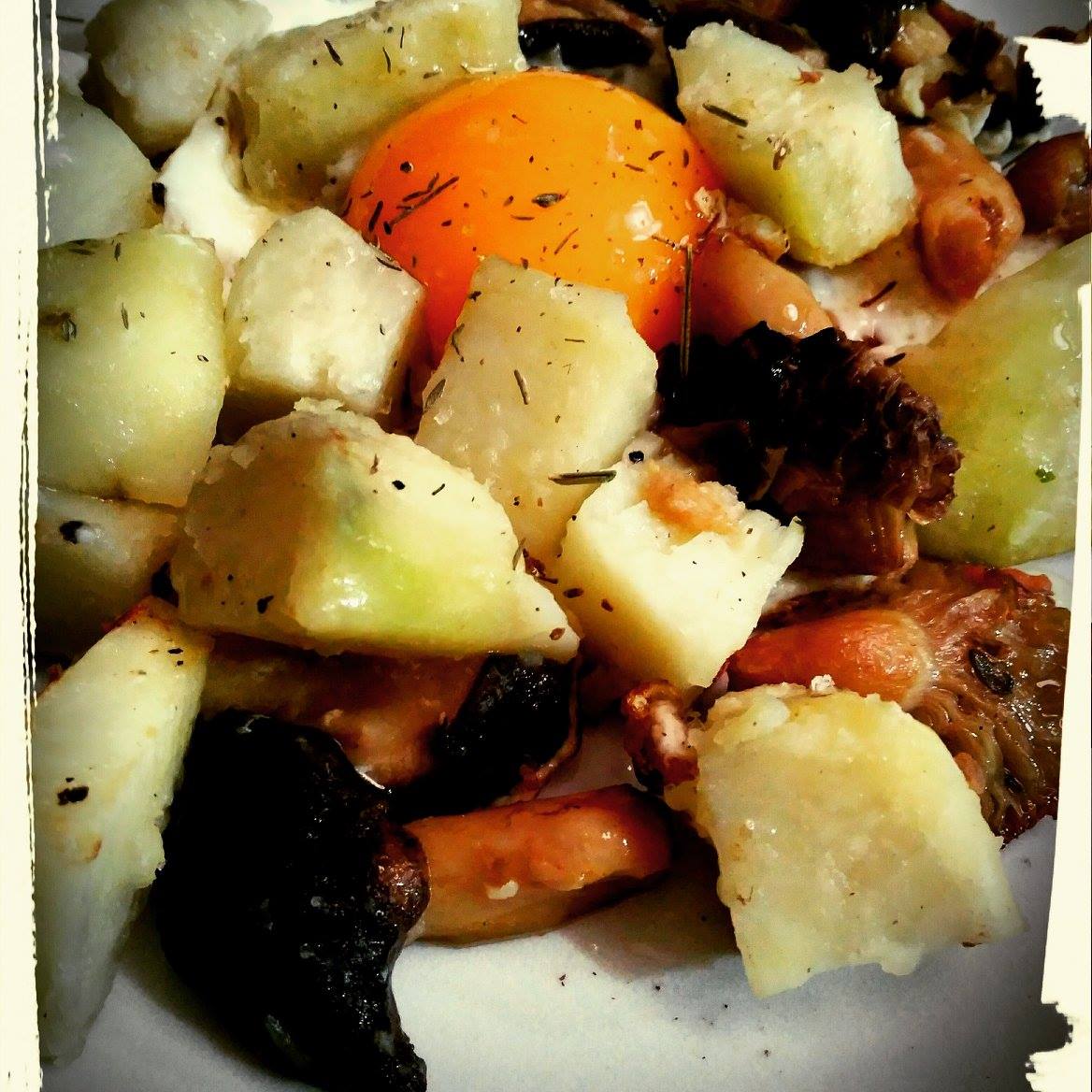 OU ECO A LA PLANXA AMB GUARNICIÓ DE PATATES D'ODÈN (DEL DIA ANTERIOR) I SALTEJAT DE BOLETS DE LA SERRA DE BUSA